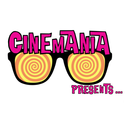 Logo for Cinemania Presents: A pair of X-ray glasses with spiraling circles inside the lenses