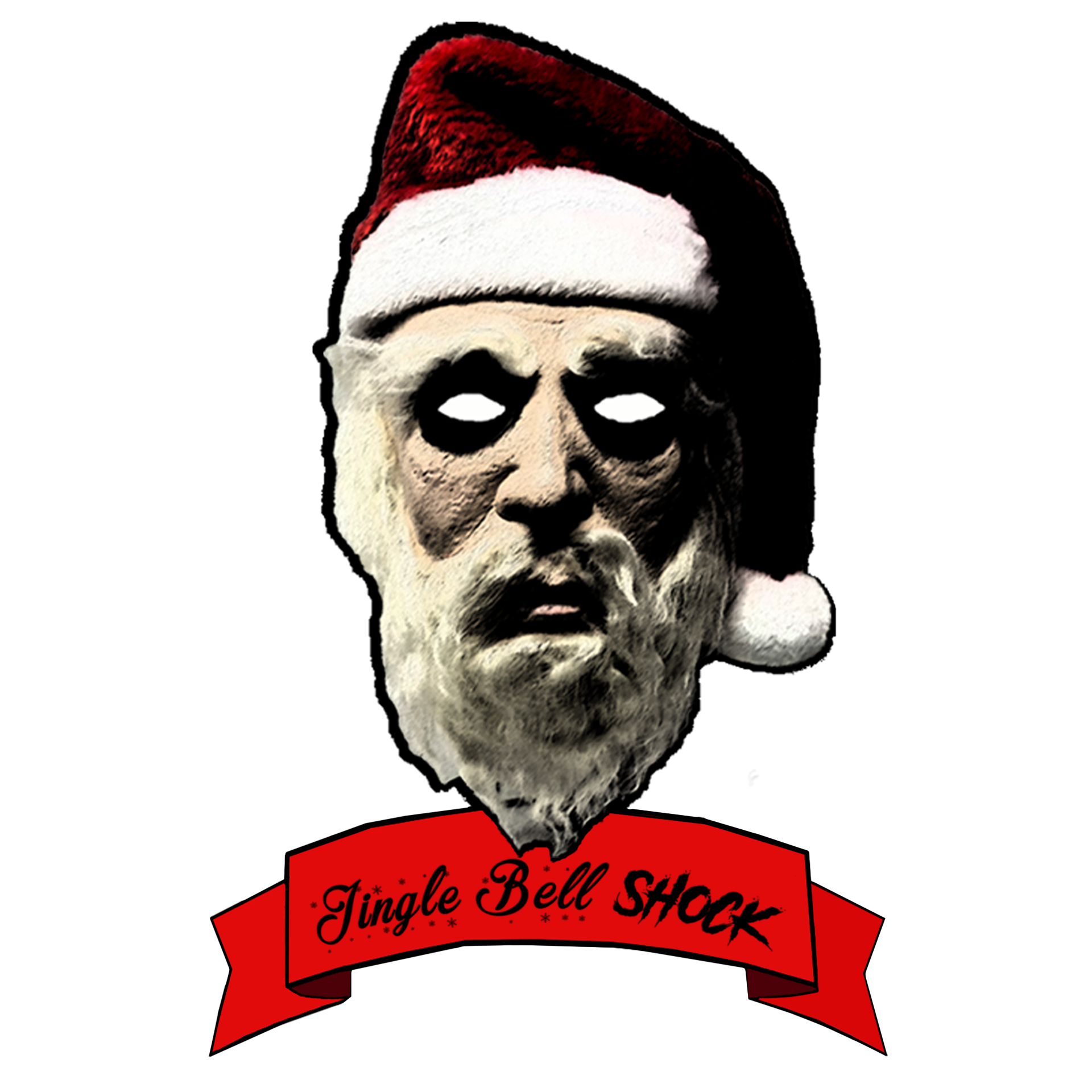 A creepy Santa face with dark-circled white eyes, with a red banner reading "Jingle Bell Shock"