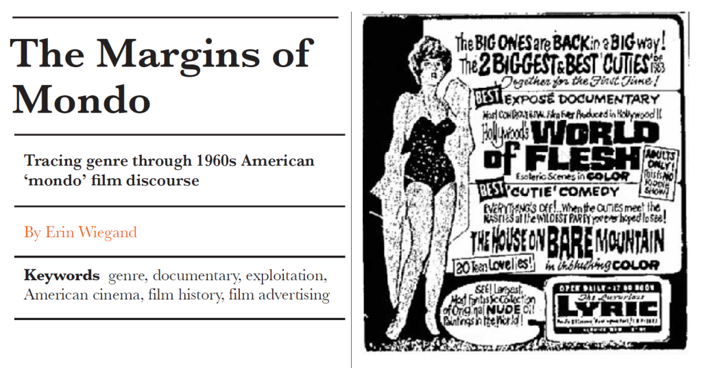 A clip from the article "The Margins of Mondo," featuring a newspaper advertisement for the film "World of Flesh"